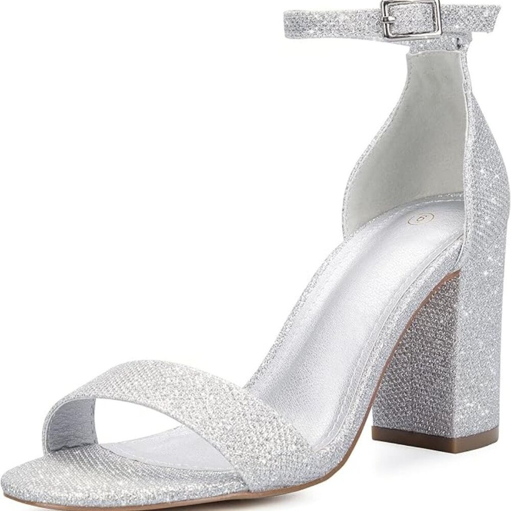 Womens SILVER Chunky Block 3 1/2" Heel  Ankle Strap Sandals sz 7.5